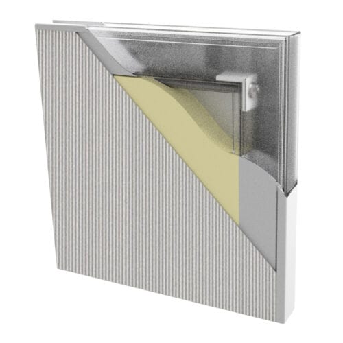 A 3D rendering of an insulated wall panel with layers exposed, showcasing a corrugated grey exterior and a yellow insulating layer, seamlessly integrating stainless steel flush doors for enhanced durability and sleek design.