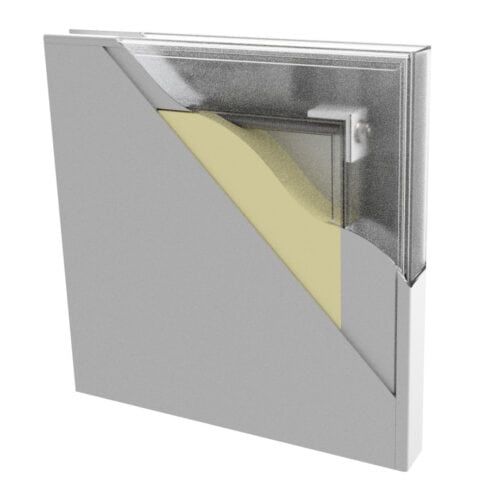 A cross-section of an insulated metal panel highlights layers, including metal and insulation materials, much like the construction of stainless steel flush doors.