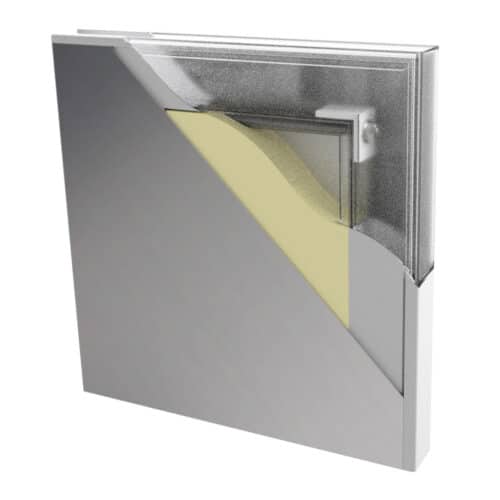 A 3D rendered image of a silver metal wall panel features a cutaway corner revealing an inner layer of yellow insulation material. Its sleek finish echoes the modern elegance found in stainless steel flush doors, blending style with functional sophistication.