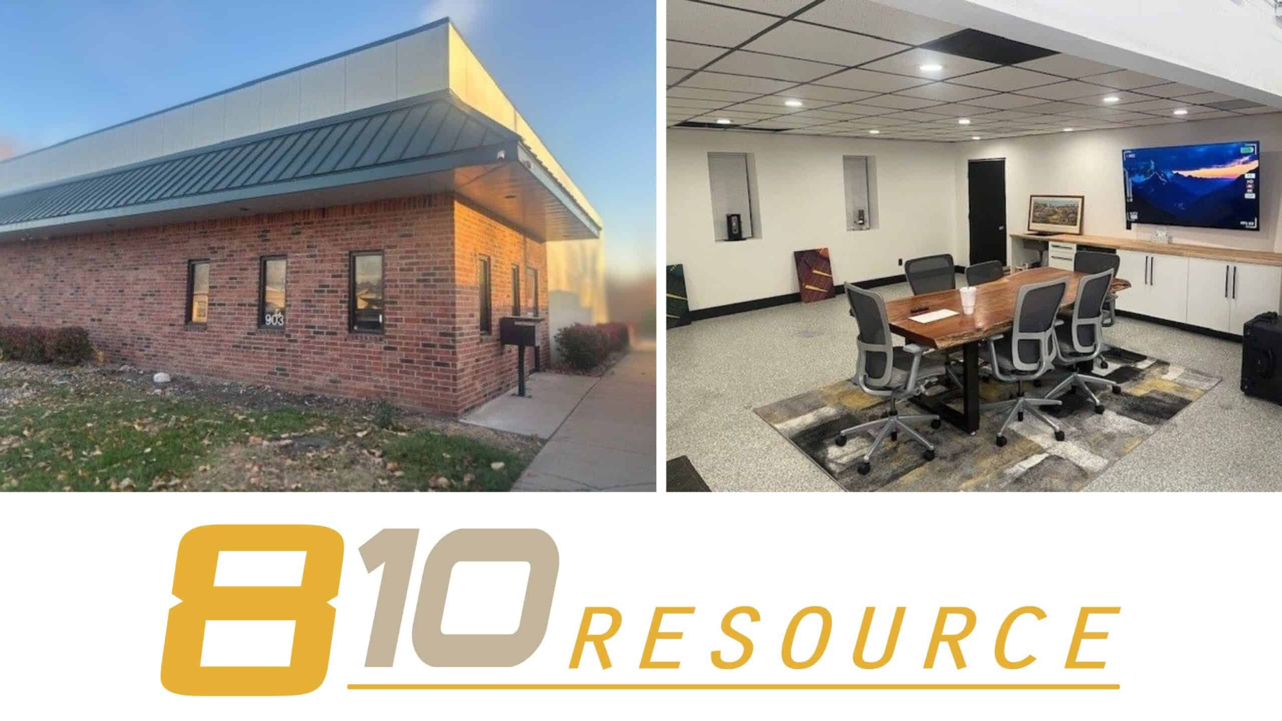 Split image showing an exterior view of a brick office building and an interior conference room with table, chairs, and large monitor, capturing the professional experience of our Missouri Illinois new team; "810 Resource" logo below.