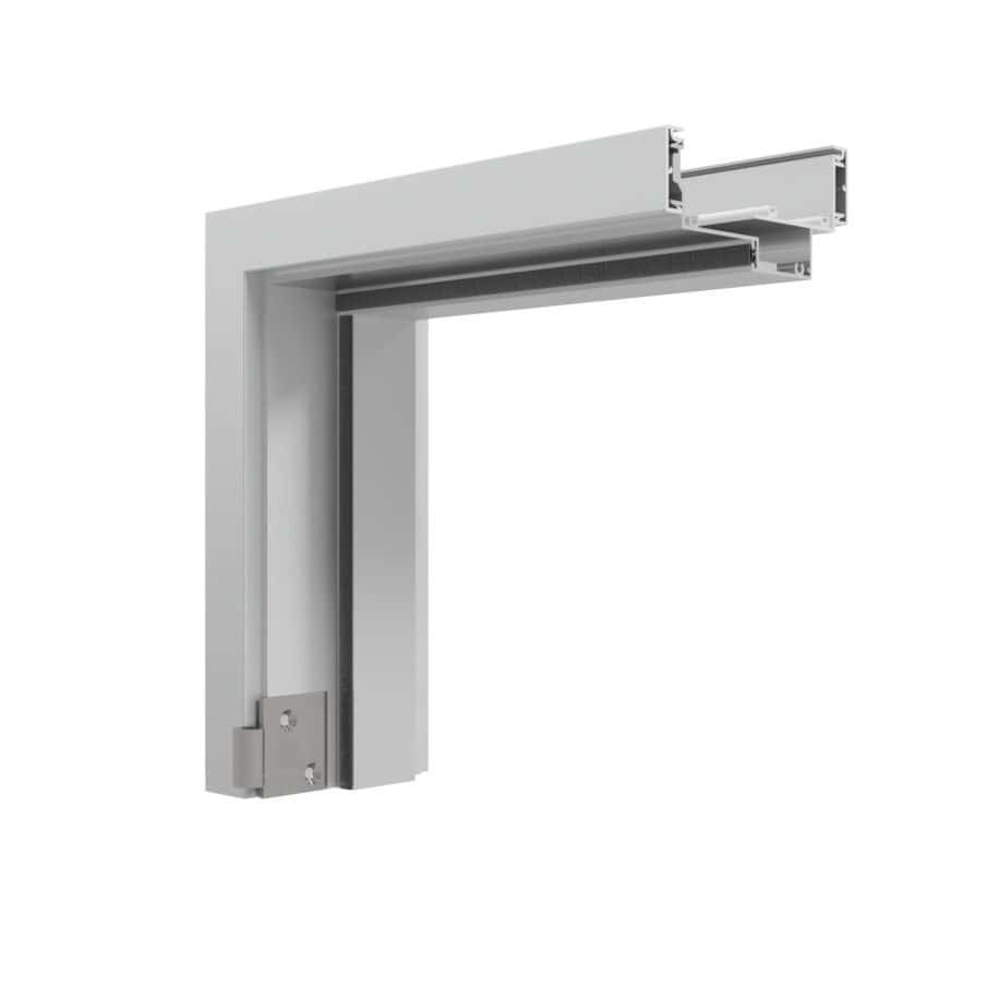A FlexFit™ Field-Adjustable Interior Aluminum Door Frame corner section in silver, displaying channels for glass or panels and mounting hardware at the base.
