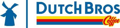 Dutch Bros Coffee logo with a blue windmill icon, bold blue text, and red, yellow, and blue stripes under "Coffee," perfect for businesses seeking national account commercial door solutions.