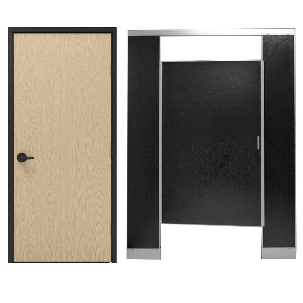 A light wood restaurant door with a black handle is on the left; on the right, a partially open black partition door with a silver frame showcases our made to order options.