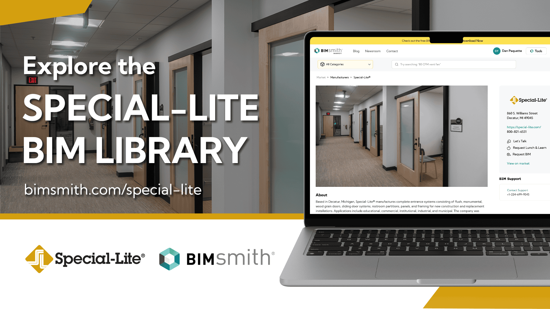 A laptop displays the Special-Lite BIM Library website in an office hallway; text reads "Explore the Special-Lite BIM Library, bimsmith.com/special-lite.