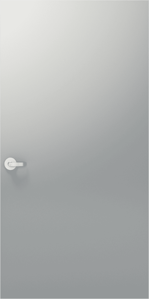 A plain, closed gray door with a silver handle is shown against a matching gray background, reflecting the reliability of national account commercial door solutions.
