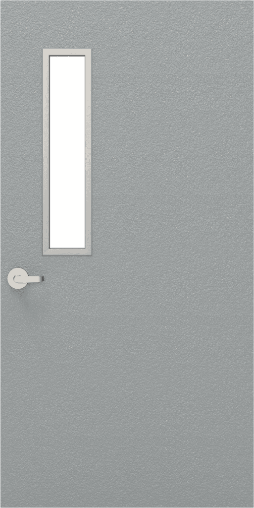 A gray door with a metal handle and a narrow rectangular window near the top left side, designed as part of trusted national account commercial door solutions.