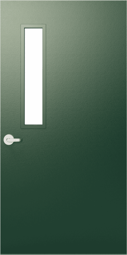 A solid green door with a vertical rectangular window and a silver handle on the left side, ideal for national account commercial door solutions.