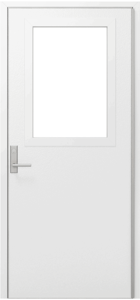 A closed white door, part of national account commercial door solutions, features a rectangular window at the top and a silver handle on the left side.