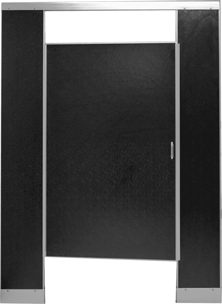 A black, solid door with a silver frame and handle, set between two matching side panels and a transom panel above—perfect for national account commercial door solutions.