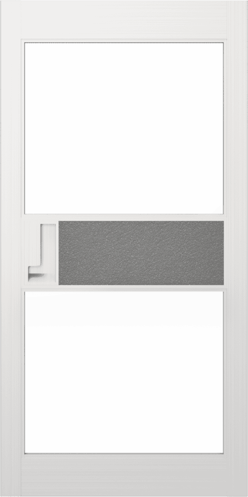 A white door with three rectangular panels; the middle panel is gray and textured, while the other two are plain white—ideal for national account commercial door solutions.