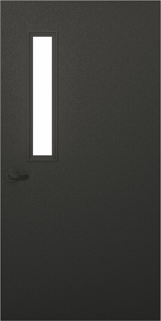 A closed black metal door, crafted as part of national account commercial door solutions, features a narrow rectangular window near the top left and a black handle below the window.