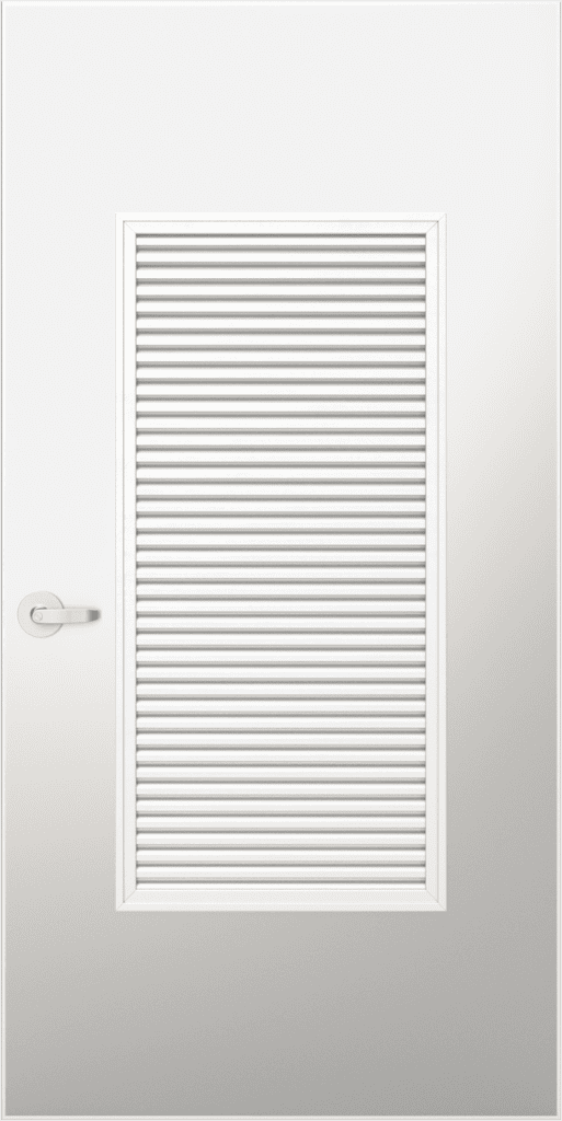 A white door with a central louvered vent panel and a silver handle on the left side, designed as part of national account commercial door solutions.