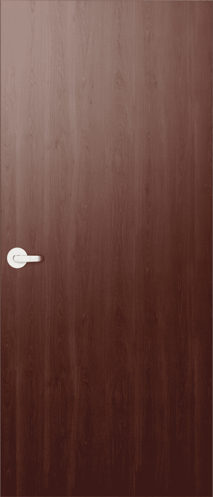 Closed wooden door with a dark brown finish and a silver handle on the left side, ideal for national account commercial door solutions.