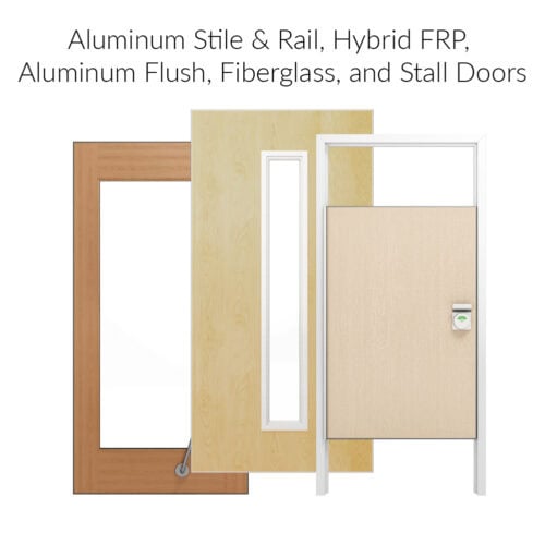 Three types of doors—wood-look, light-colored with a window, and beige stall door—paired with FlexFit™ Field-Adjustable Interior Aluminum Door Frame for versatile use in aluminum stile & rail, hybrid FRP, aluminum flush, fiberglass, and stall doors.