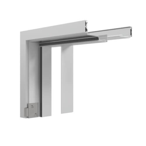 A FlexFit™ Field-Adjustable Interior Aluminum Door Frame system is shown in a partial view, displaying the track, runners, and frame components against a white background.