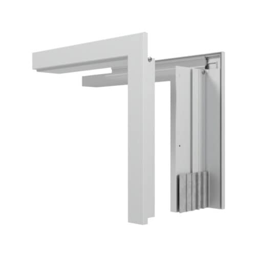White metal L-shaped FlexFit™ Field-Adjustable Interior Aluminum Door Frame structure with a sliding mechanism and a grooved panel attached on one side.
