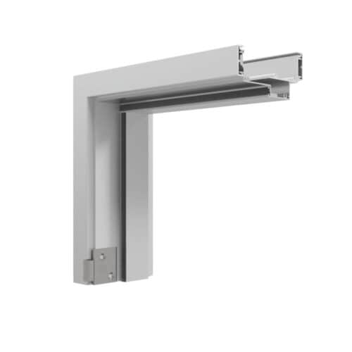 A FlexFit™ Field-Adjustable Interior Aluminum Door Frame in white with an L-shaped corner, showing internal channels and mounting hardware.