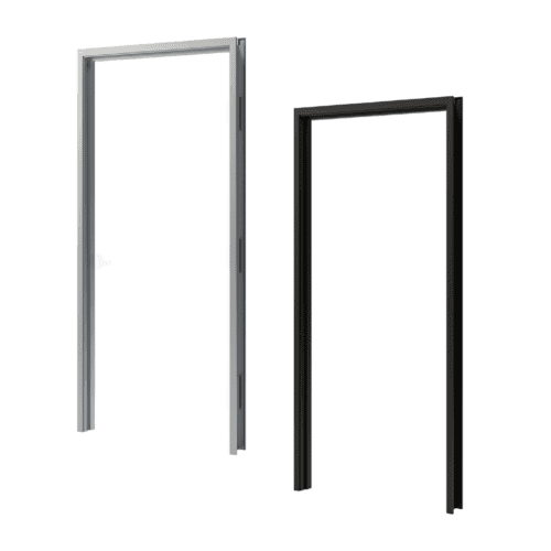 Two door frames are shown side by side—one silver and one black—both upright with no doors attached, featuring the FlexFit™ Field-Adjustable Interior Aluminum Door Frame design.