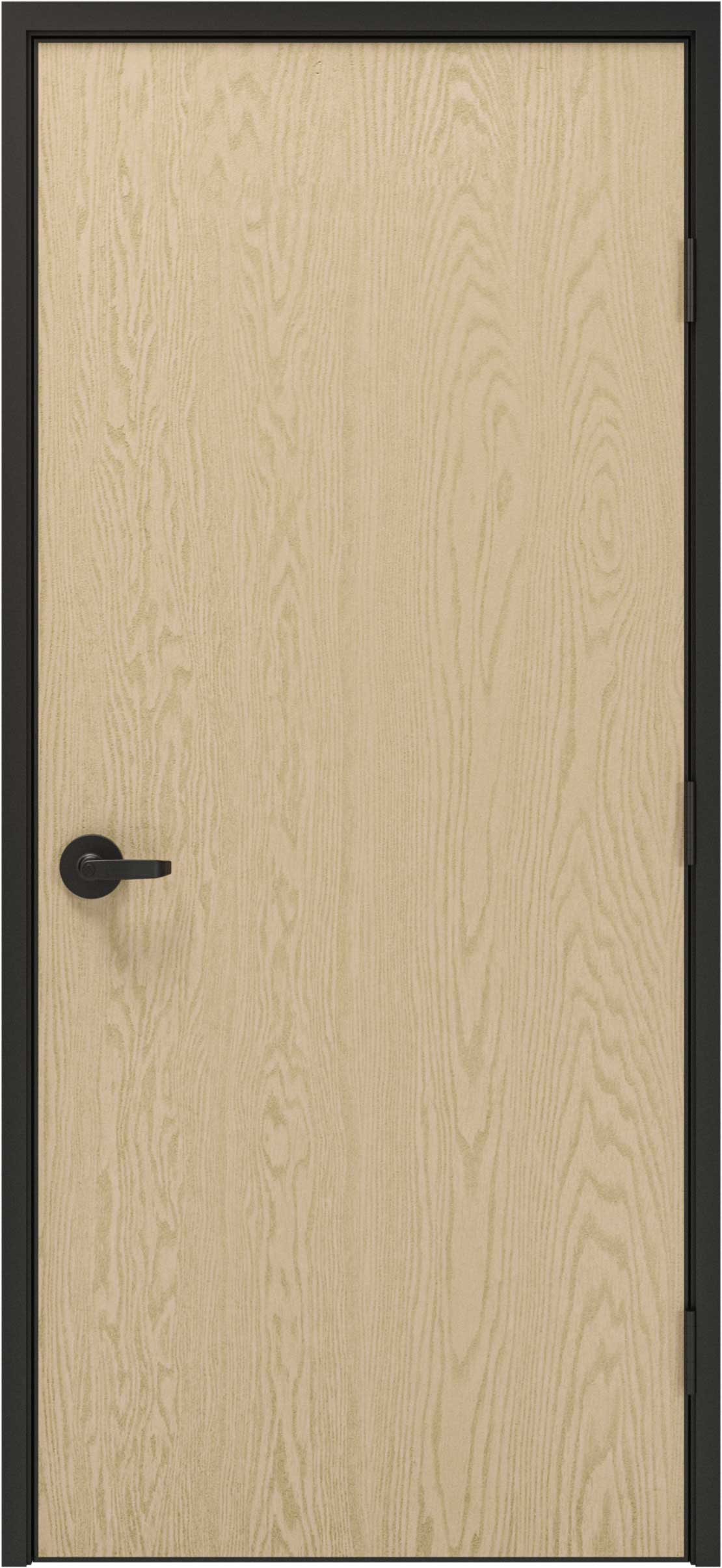 Closed light wood door with a black metal frame, black door handle, and three black hinges on the right side—ideal for use as interior restaurant doors.