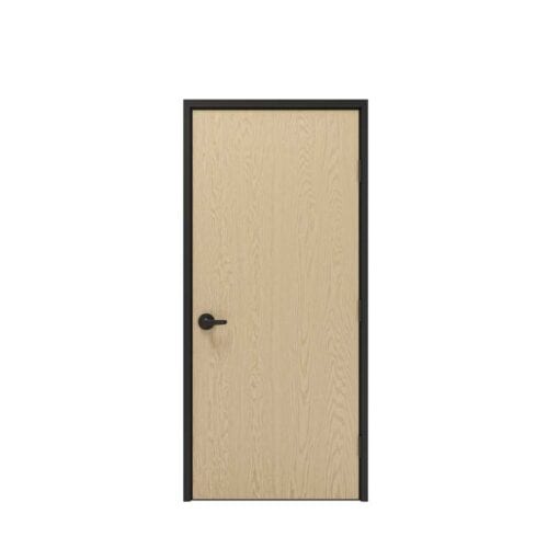 Closed light wood door with a black handle and FlexFit™ Field-Adjustable Interior Aluminum Door Frame, viewed from the front against a plain white background.