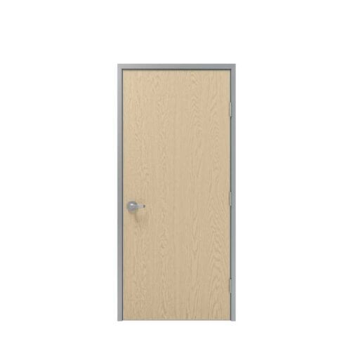 A closed, light wood door with a silver handle and a FlexFit™ Field-Adjustable Interior Aluminum Door Frame, set against a plain white background.