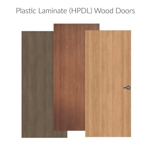 Three plastic laminate (HPDL) wood doors in different finishes are shown side by side within a FlexFit™ Field-Adjustable Interior Aluminum Door Frame, highlighting their color and grain variations.