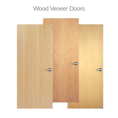 Three wood veneer doors in light, medium, and golden tones, each with a silver door handle and framed by the FlexFit™ Field-Adjustable Interior Aluminum Door Frame, are displayed side by side against a white background. Text above reads 