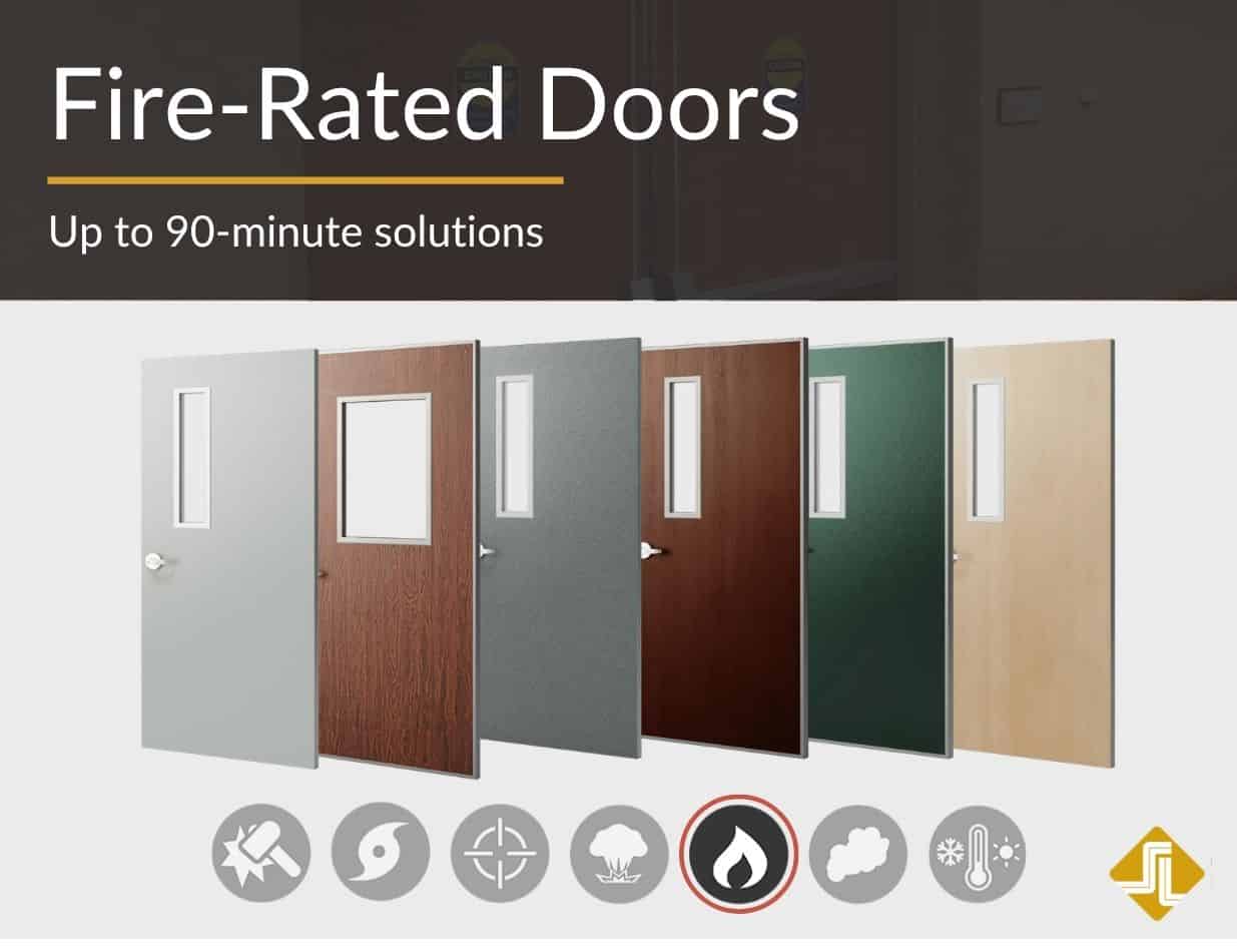 Six FireSafe20 (SLI-FR) fire-rated doors in various colors and finishes are displayed, featuring icons for fire, sound, thermal, and impact resistance. Discontinued models—options available for a seamless transition. "Up to 90-minute solutions.