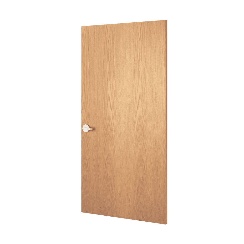 A plain wood veneer door with a silver handle, shown standing upright against a white background.